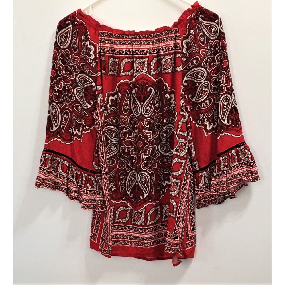 Cato's Boho Hippy Red Bandana Paisley Print Women's Top